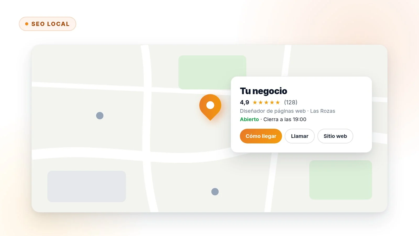 Ficha de Google Business sobre un mapa, con valoraciones, horario y botones para llamar o cómo llegar