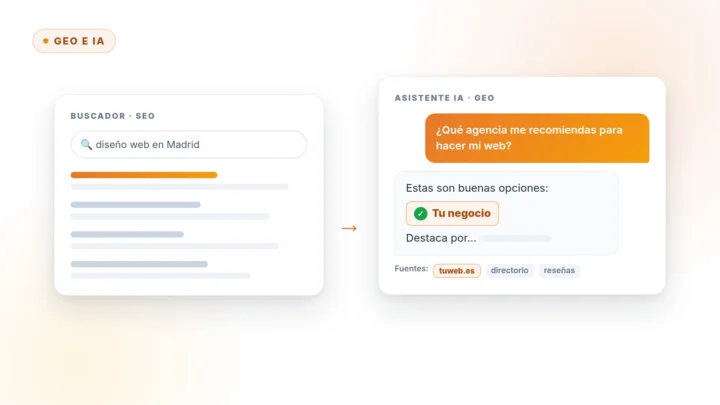 Comparación entre una lista de resultados de un buscador y la respuesta de un asistente de IA que recomienda un negocio
